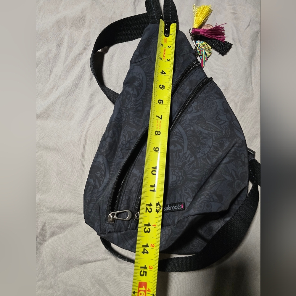 Sakroots Dark Gray Patterned Crossbody Sling Bag with Multicolor Tassel - Picture 6 of 7